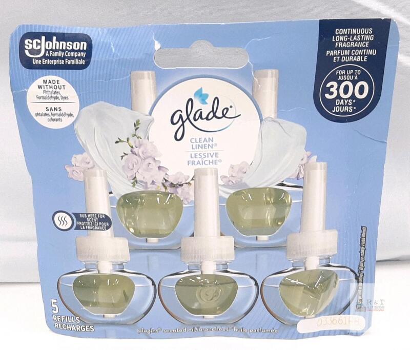 Glade PlugIns Scented Oil Refills Clean Linen, 5 Pack, Lasts Up to 300 Days, UPC 062356903599
