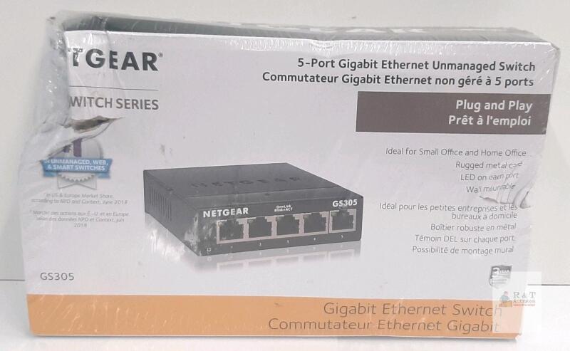 NETGEAR GS305 5-Port Gigabit Ethernet Unmanaged Switch, Metal Case, 10Gbps, S/N 7LY1595EA0791