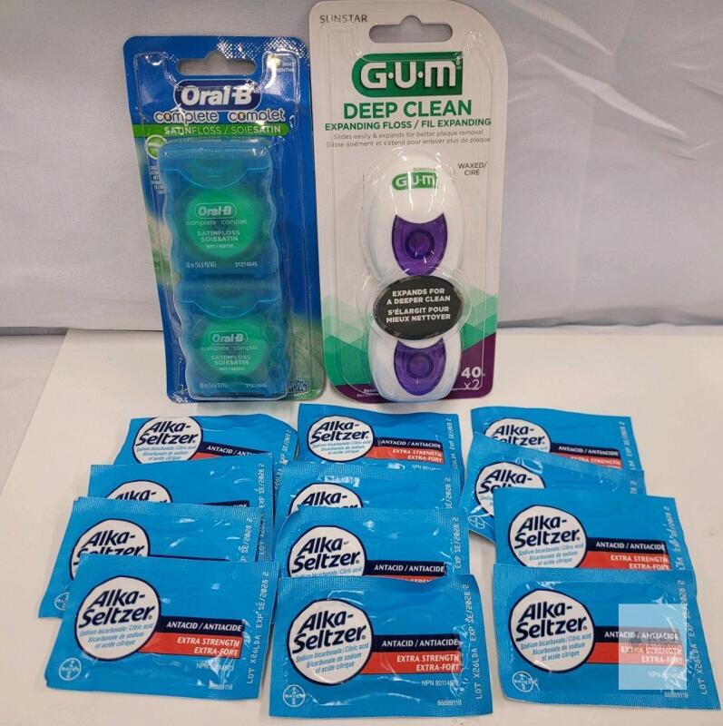 Oral-B & GUM Dental Floss Bundle (2x50m, 2x40m) + Alka-Seltzer Extra Strength Antacid (12 Packets)