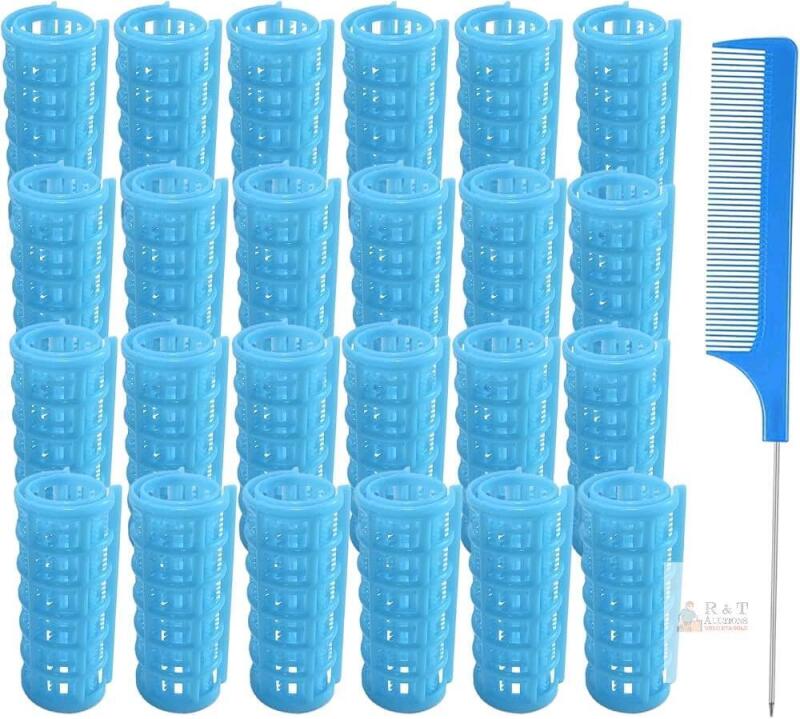 2 new ZMD 20mm Blue Plastic Hair Rollers, Medium, with Rat-Tail Comb, Professional Hair Care