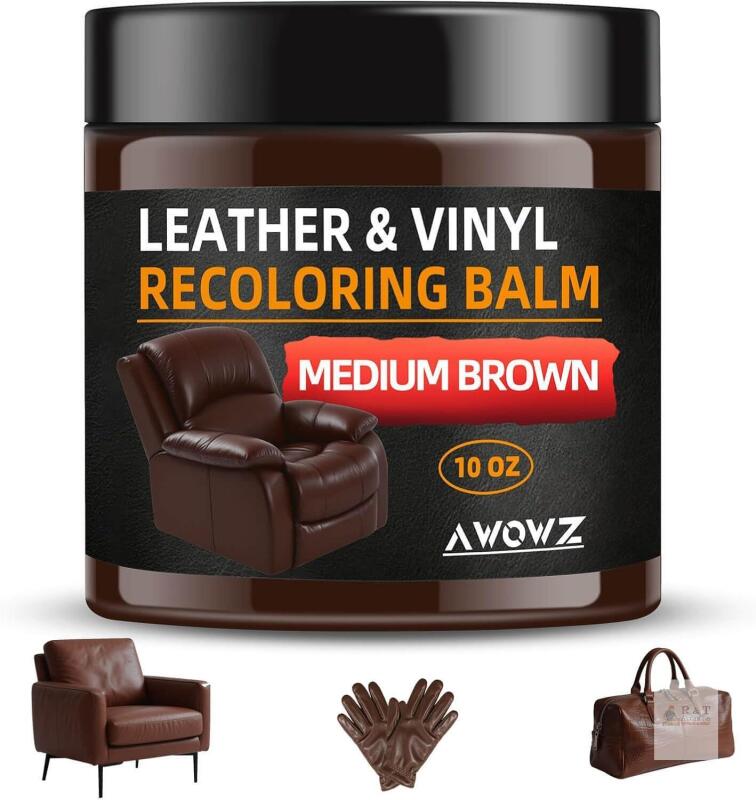 NEW LEATHER RECOLORING BALM - SCRATCH REPAIR & COLOR RESTORE KIT FOR FADED LEATHER, COUCH & CAR SEATS - 10OZ LEATHER RESTORER BALM FOR FURNITURE, AUTO INTERIOR, VINYL, ACCESSORIES Medium brown