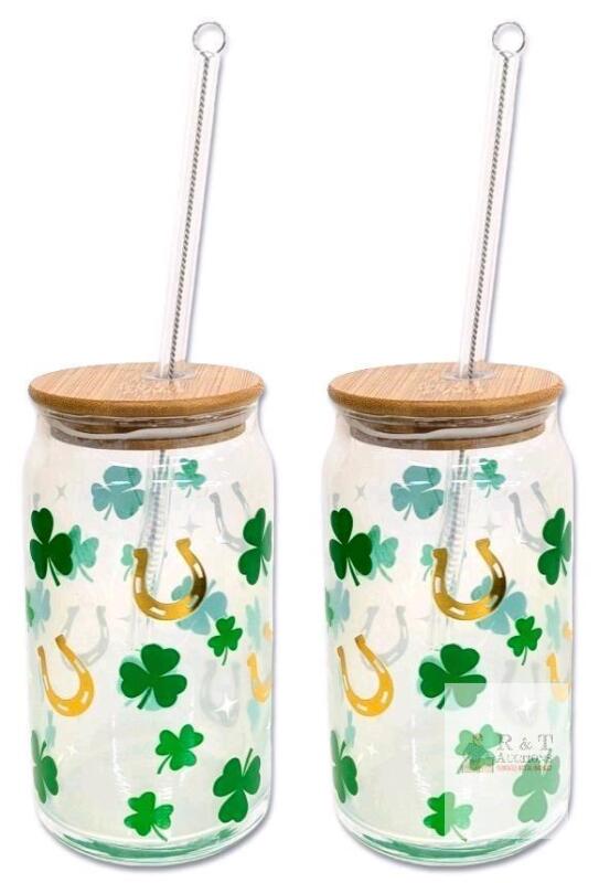 New FYSUIMU Lucky Drinking Glasses Gold Foil Shamrock Horseshoe Drinking Glasses 16oz Lucky Clover Glass Cup with Lids and Straw for Cocktails Whiskey Beer Soda (FY0057)