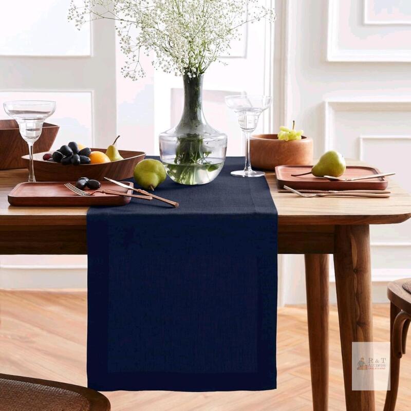 Bew Solino Home Linen Table Runner - 100% Pure Linen Indigo Navy Dining Table Runner 14" x 36" Inch - Sonoma
