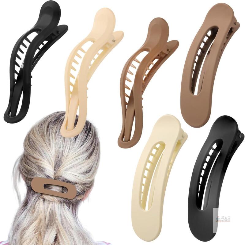 Set of 6 Matte Plastic Hair Clips ‒ Banana & Alligator Barrettes, Black Beige Brown Ivory Colors