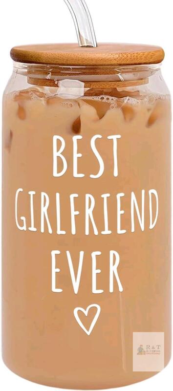 New " Best Girlfriend Ever " 16 oz Can-Shaped Clear Glass with Lid, Straw & Brush