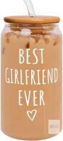 New " Best Girlfriend Ever " 16 oz Can-Shaped Clear Glass with Lid, Straw & Brush