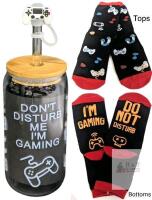 New Anotion Gamer Gifts : "Don't Disturb" Graphics Clear Borosilicate Drinking Glass Tunbler With Bamboo Lid, Glass Straw, Silicone Straw-Topper & O/S "Do Not Disturb" Grippy-Bottom Novelty Gaming Socks