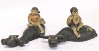 Vintage Pair Siwan Clay Boy & Girl Atop Water Buffaloes Figures, 5.8" Long, Boy's Buffalo Missing Ear