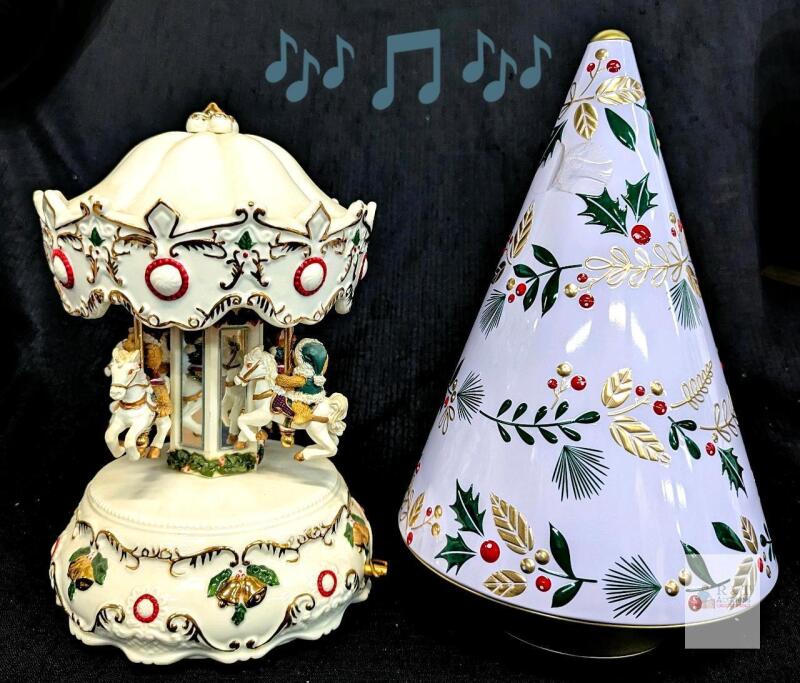 Holiday Musical Carousel & Spinning Christmas Tree Figurine Set, 11.5" Tall