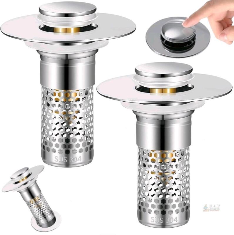New Bathroom Sink Drain Strainer 2 Pack,Washroom Sink Stopper with Pop-Up Drain and Removable Hair Catcher, Stainless Steel Filter Basket, Fits Standard CA/US Restroom Sinks