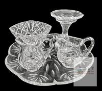 Vintage Crystal & Pressed Glass Treasures with Large St George Crystal Flower-Shaped 11.8" Tray : 2&times; Small Jugs (Pinwheel & Grapes Design) Pedestal Dish/Candle Holder & Footed Candy Dish, Fleabites Can Ve Felt Along Dish & Tray