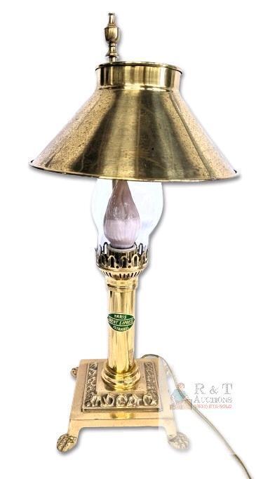 Vintage BrassTone Lightweight Orient Express Adjustable Shade Table Lamp Clawfoot Base Hurricane Shade, 20.5" High, Tested For Power, Pole Is Slightly Wobbly Causing Shade To Lean, Includes Lightbulb, Small Chips in Bottom of Hurricane Shade