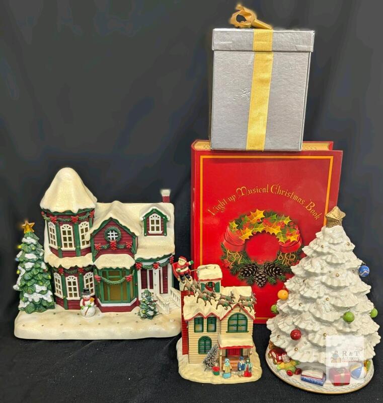 Christmas Light Up Musical Book & Decor Set &ndash; Houses, Tree, Gift Box, Village Scenes
