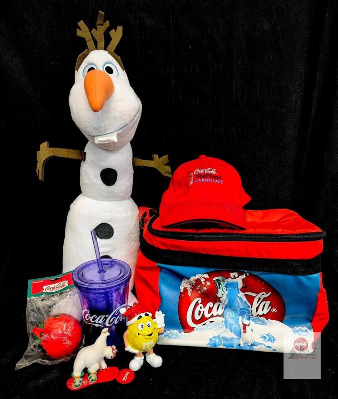 Coca-Cola Holiday Collectors Lot: Polar Bear Cooler, Olaf Plush, Tumbler, Cap, Ornaments, Figures