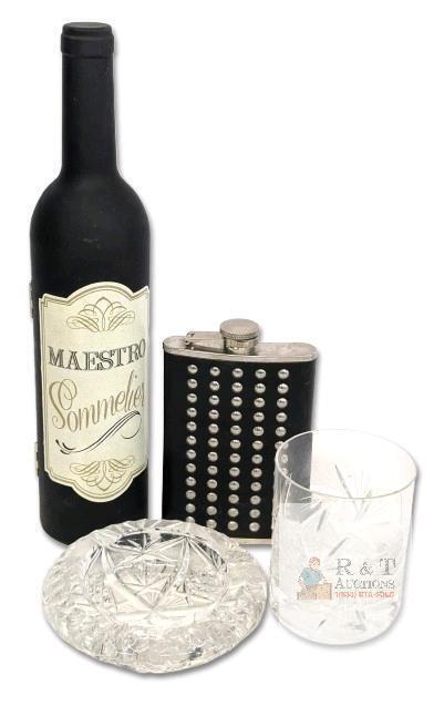 Modern Wine Opening Set, Lucienne 8oz Stainless Steel Flask & Vintage Crystal Ashtray & Pinwheel Crystal 4" Whiskey Glass, Chips in Ashtray