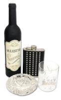 Modern Wine Opening Set, Lucienne 8oz Stainless Steel Flask & Vintage Crystal Ashtray & Pinwheel Crystal 4" Whiskey Glass, Chips in Ashtray
