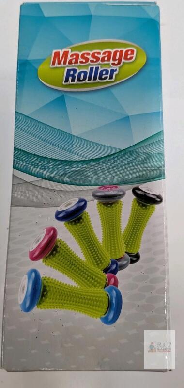 Handheld Foot Massage Roller, Textured Rubber Knobs, Multicolor Wheels, Ergonomic Design, 7.5"