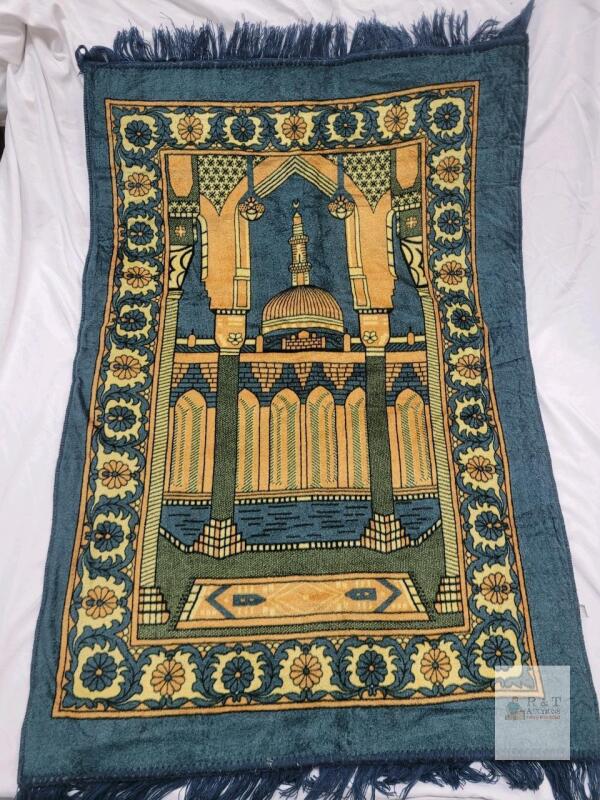 Machine-Made Blue & Gold Mosque Mihrab Prayer Rug - 27" x 44" Poly Material with Fringe
