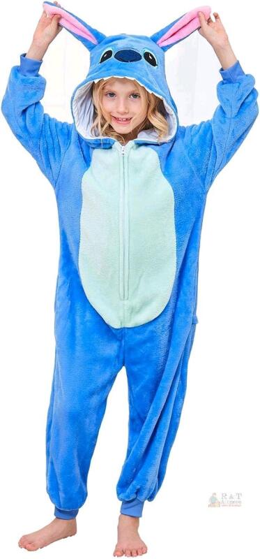New Size 120 (115-125 cm Tall /5-6 Yrs) Kids' Cartoon Stitch-Style Character Onesie Pajamas, Party Costume, Zippered Access At Back For Easy Toilet Access