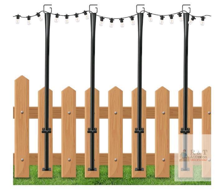 Black Powder-Coated Steel String Light Poles with Fence Mount Kit, Set of 4, 5 ft Height