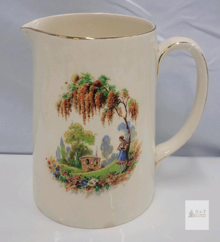 New Hall Hanley Staffordshire Ceramic Pitcher, Hand-Painted, 6" Tall, c.1930-1951