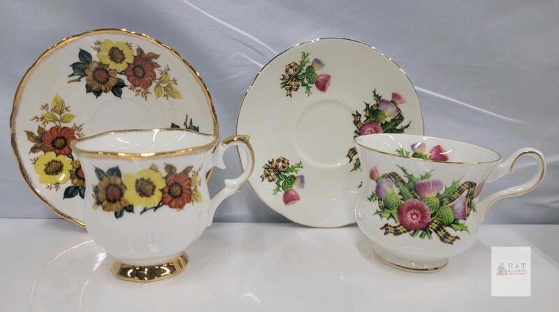 Crown Staffordshire & Royal Grafton Fine Bone China Teacup Saucer Sets, England, Gilded, Floral