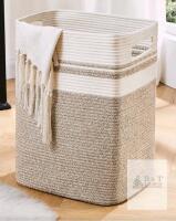 NEW OIAHOMY Tall Cotton Storage Basket 16"x13"x22" Collapsible Laundry Hamper with Handles, Beige/White
