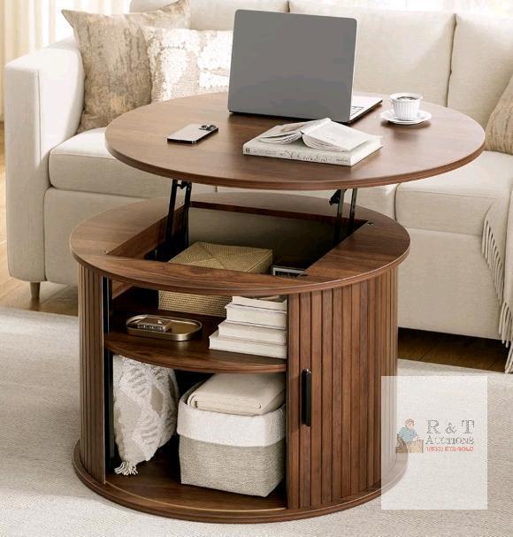 NEW FABATO CT025-WA Round Lift Top Coffee Table, 26.7", Walnut, Storage, Serial X004S5S461