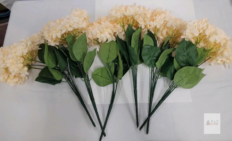 NEW Artificial Beige Hydrangea Flower Stems, 17" UV Resistant, Set of 6, Silk with Green Leaves
