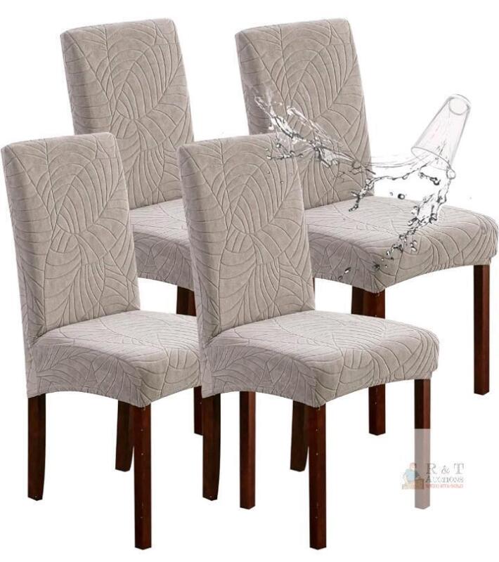 Genina Stretch Dining Chair Covers, Set of 4, Beige Patterned, Fits 16"-20" Seats