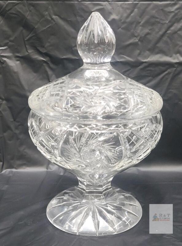 Hand-Cut Crystal Covered Compote Pedestal Candy Dish, Starburst Lattice, 8" Tall, Lid Included