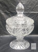 Hand-Cut Crystal Covered Compote Pedestal Candy Dish, Starburst Lattice, 8" Tall, Lid Included