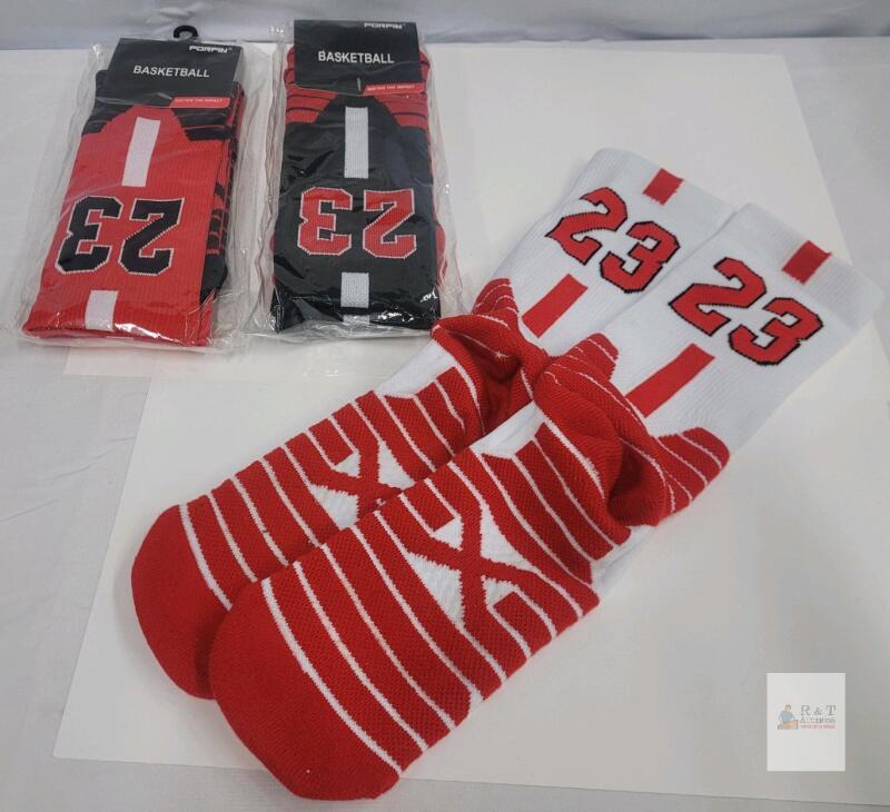PORFIN Basketball Crew Socks &ldquo;23&rdquo; Men&rsquo;s 3 Pairs Red/Black/White Impact Cushion Sports