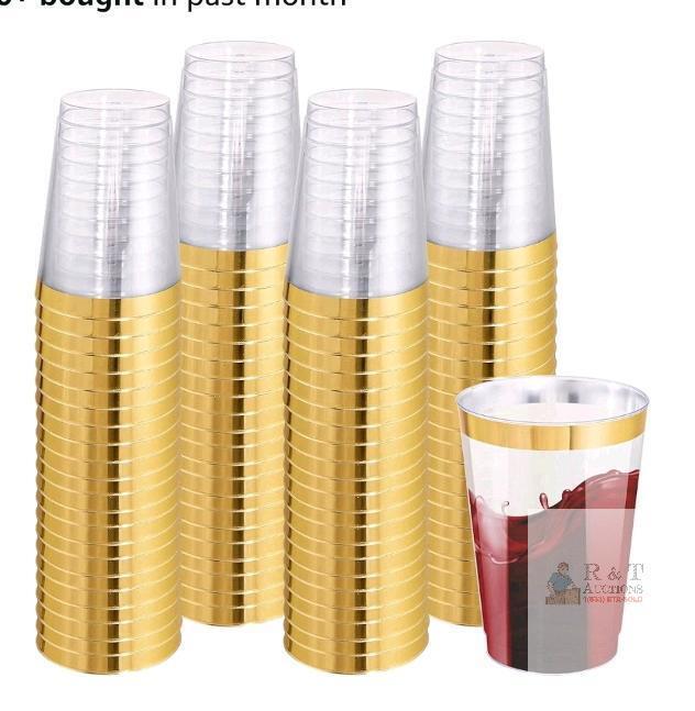 12 oz Disposable Plastic Cups with Gold Rim, 100 Pack, BPA-Free,