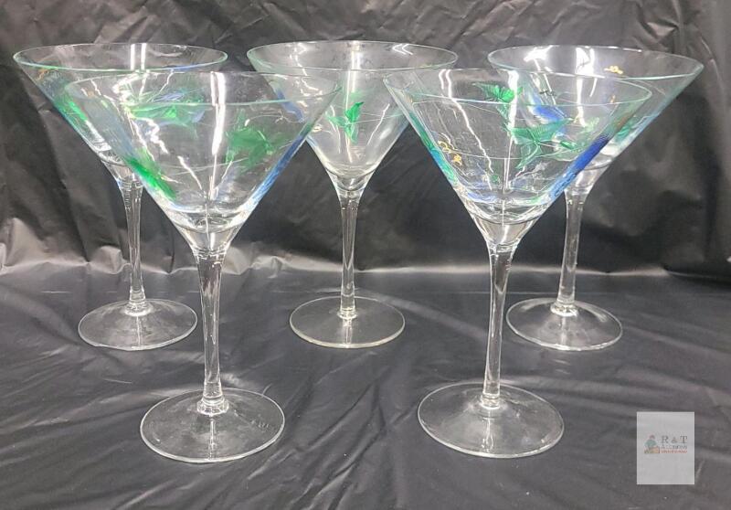 Hand-Painted 7" Martini Glasses, Set of 5, Grape & Leaf Design, 8oz Capacity
