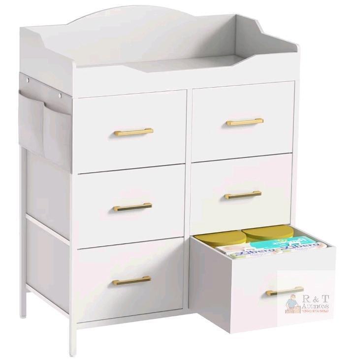 NEW White Nursery Changing Table Dresser with 6 Fabric Drawers and Side Pockets