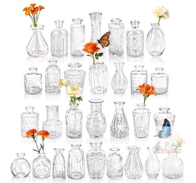 NEW 28-Piece Yirilan Mini Clear Glass Flower Bud Vase Set, 3.17&ndash;5.19 in, Vintage Decorative Styles