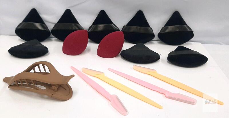 Large Makeup Accessory Lot: 8 Velvet Puffs, 2 Blending Sponges, 4 Razors, 1 Hair Clip, Multi-Color