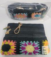 Black Coin Purse with Multicolor Crochet Embroidery, Dual Zippered Compartments, Keychain Hook