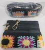 Black Coin Purse with Multicolor Crochet Embroidery, Dual Zippered Compartments, Keychain Hook