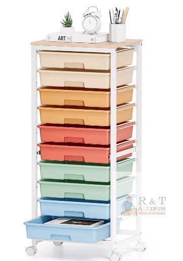 NEW 10-Drawer Rolling Storage Cart, Colorful Plastic Bins, Metal Frame, Swivel Wheels, 38" Height