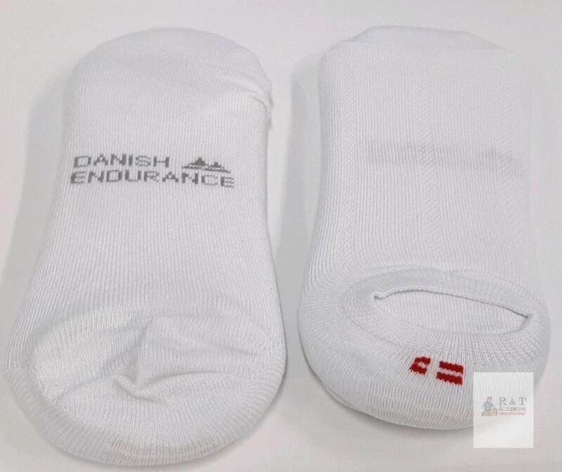 2 pair Danish Endurance White Cotton No-Show Socks, Moisture-Wicking, Anti-Slip Heel Grip