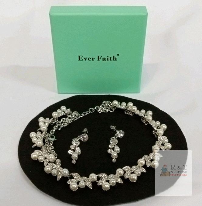Ever Faith Leaf Cluster Necklace & Earring Set, Faux Pearl & Crystal, Silvertone, Boxed