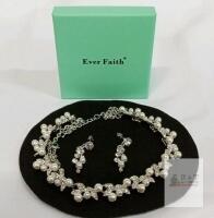Ever Faith Leaf Cluster Necklace & Earring Set, Faux Pearl & Crystal, Silvertone, Boxed