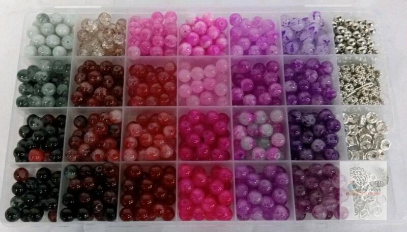Assorted 8mm Round Glass & Acrylic Bead Kit, 500 Beads, 28 Compartments, Organizer Box, Metal Findings