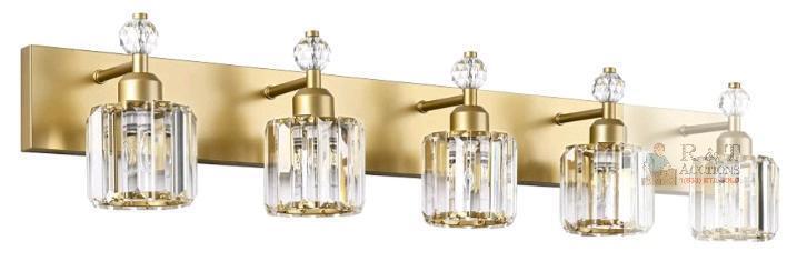 NEW Five-Light Gold Vanity Wall Fixture with Clear Ribbed Glass Shades, Crystal Accents, 43&ndash;48" Wide