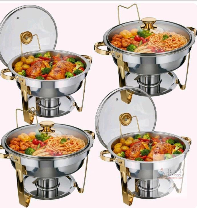 NEW 4-Pack WITH 4 Tongs 5 QT Round Stainless Steel Chafing Dish Set with Gold Accents and Glass Lids