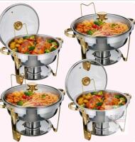 NEW 4-Pack WITH 4 Tongs 5 QT Round Stainless Steel Chafing Dish Set with Gold Accents and Glass Lids