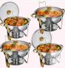 NEW 4-Pack WITH 4 Tongs 5 QT Round Stainless Steel Chafing Dish Set with Gold Accents and Glass Lids