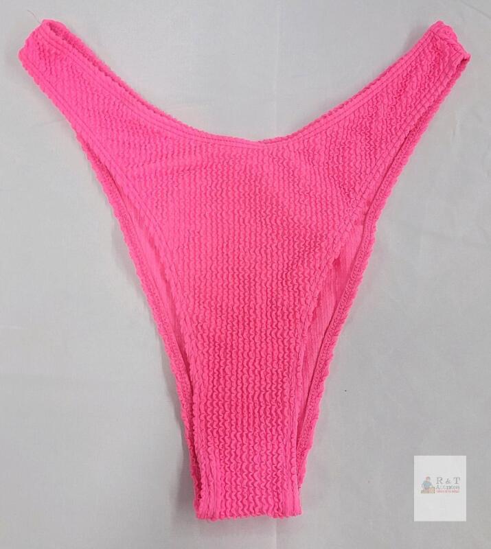 Hot Pink Crinkle Textured Bikini Bottom, Medium, High-Leg Cut, Pull-On Style